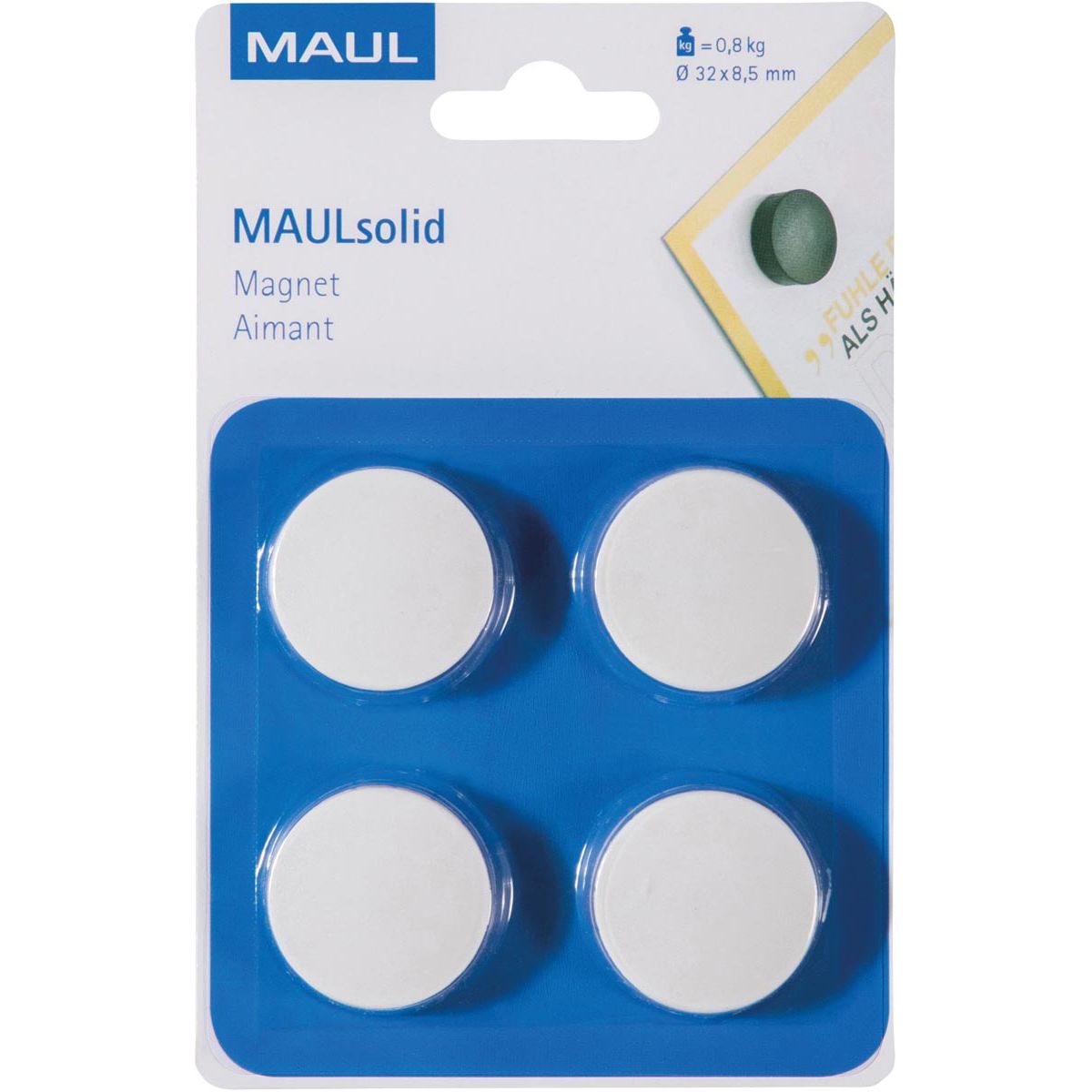 Maul - aimant Solid, 32 mm, force de traction 800 gr, blister de 4, pièces, blanc