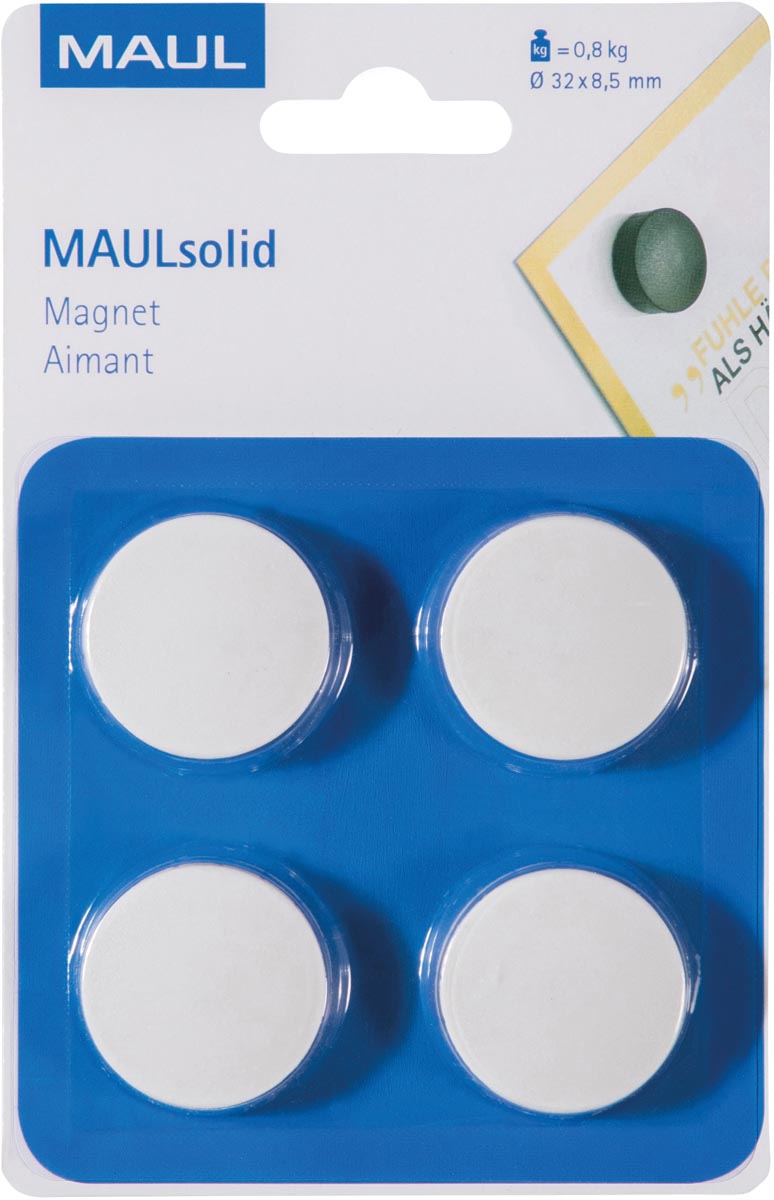 Maul - magneet Solid, 32 mm, trekkracht 800 gr, blister van 4, stuks, wit