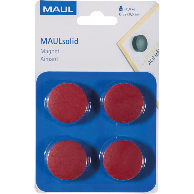 Maul - aimant Solid, 32 mm, force de traction 800 gr, blister de 4 pièces, rouge
