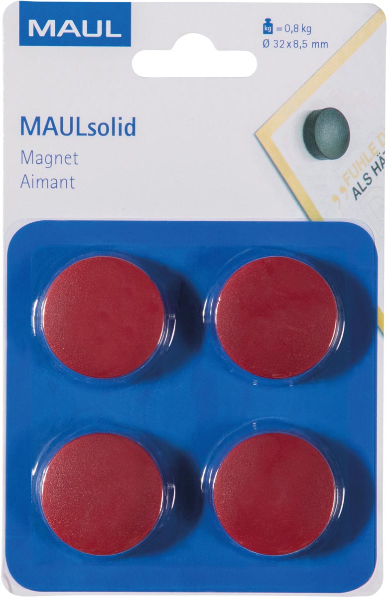 Maul - magneet Solid, 32 mm, trekkracht 800 gr, blister van 4 stuks, rood