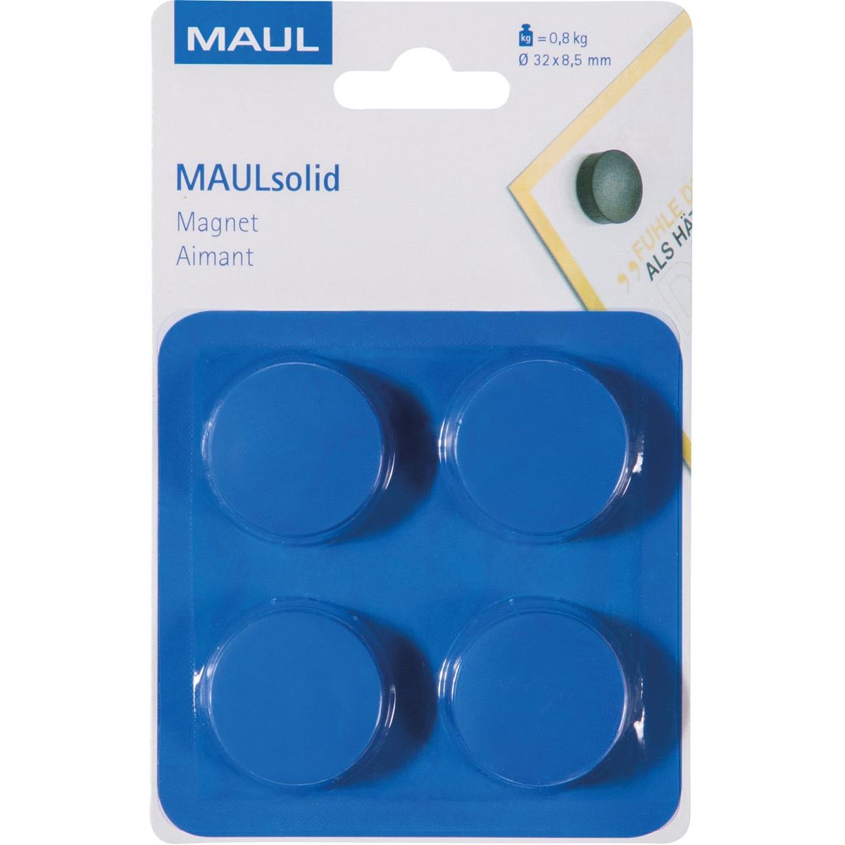 Maul - aimant Solid, 32 mm, force de traction 800 gr, blister de 4 pièces, bleu
