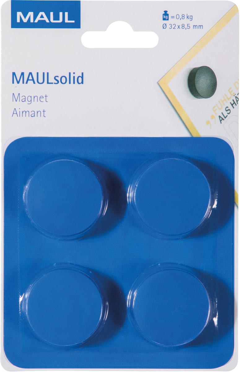 Maul - magneet Solid, 32 mm, trekkracht 800 gr, blister van 4 stuks, blauw