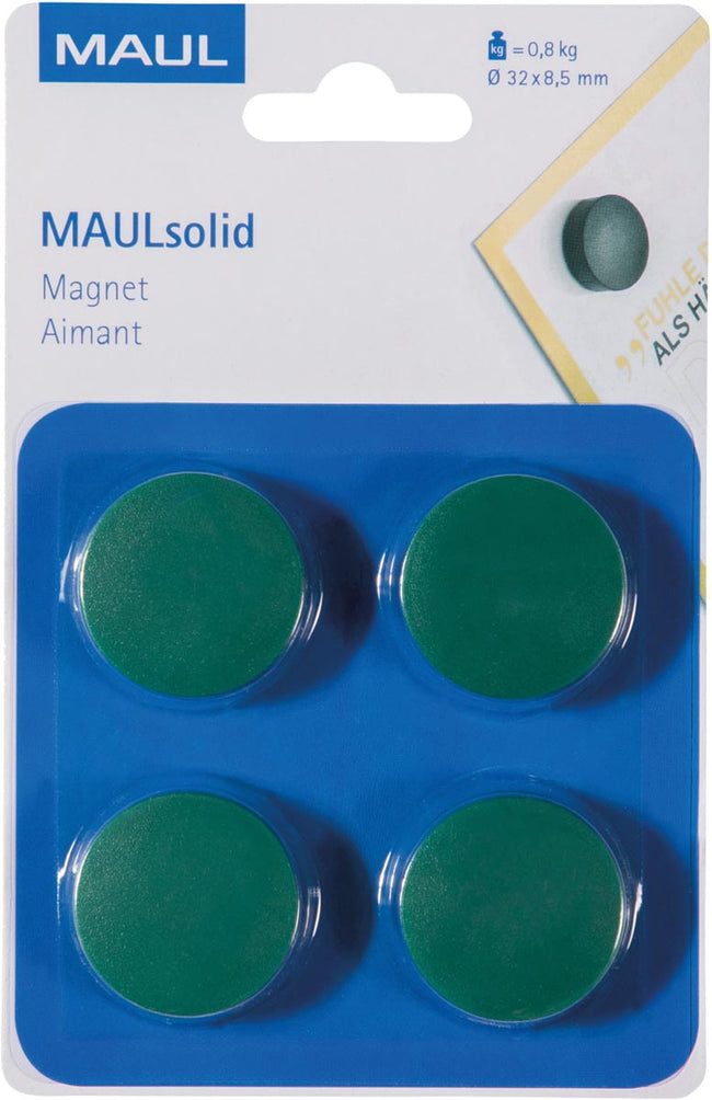 Maul - magneet Solid, 32 mm, trekkracht 800 gr, blister van 4 stuks, groen