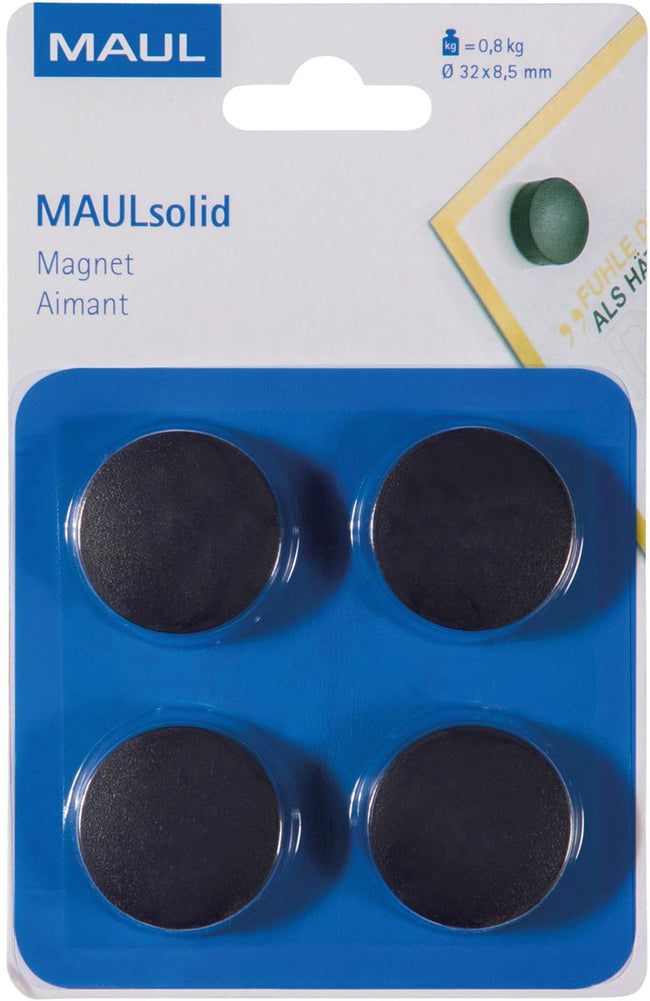 Maul - magneet Solid, 32 mm, trekkracht 800 gr, blister van 4 stuks, zwart