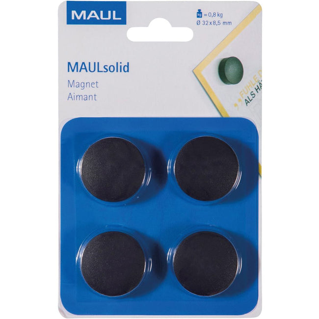 Maul - aimant Solid, 32 mm, force de traction 800 gr, blister de 4 pièces, noir
