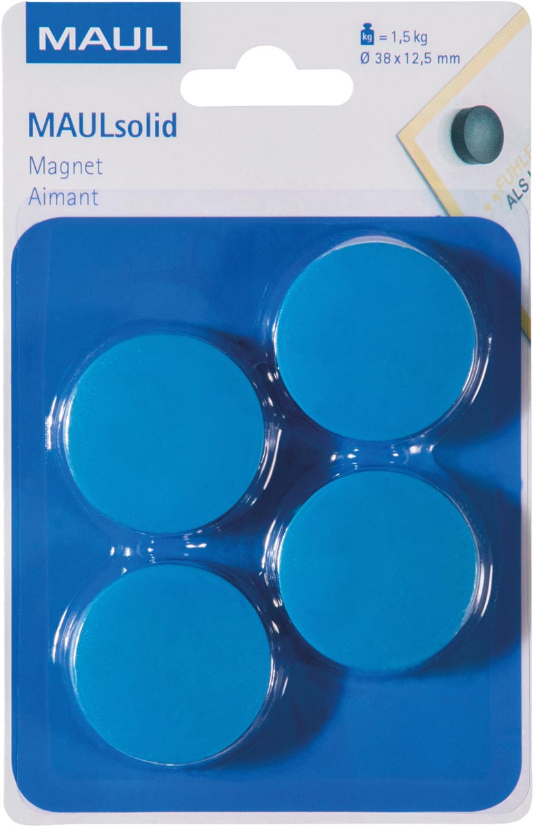 Maul - aimant solide, 38 mm, force de traction 1,5 kg, ampoule de 4 pièces, bleu