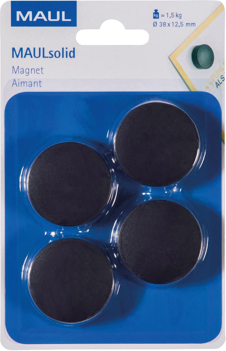 Maul - Maul Magnet solide, 38 mm, Tenskkracht 1,5 kg, cloque de 4 pièces, noir