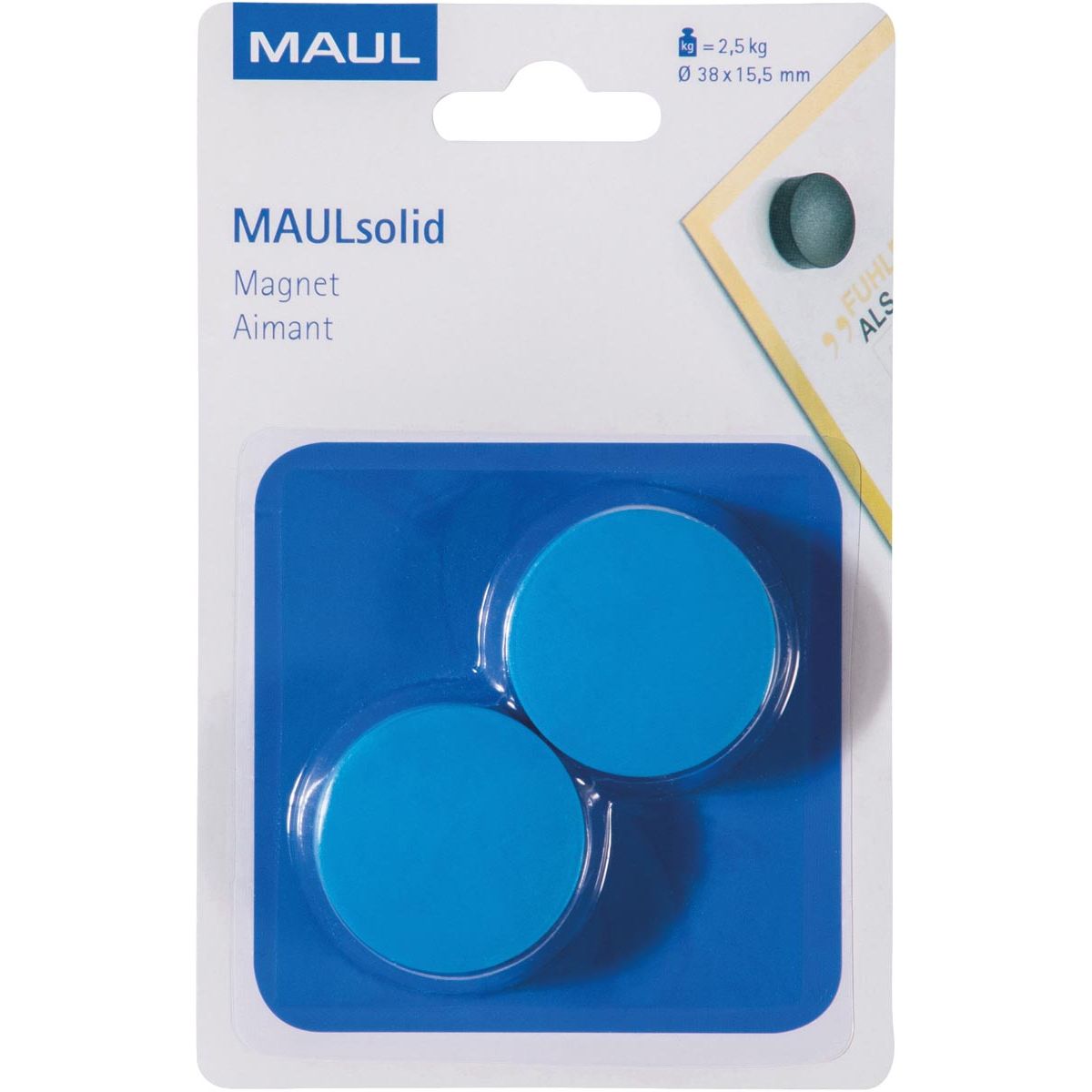 Maul - aimant Solid, 38 mm, force de traction 2,5 kg, blister de 2 pièces, bleu