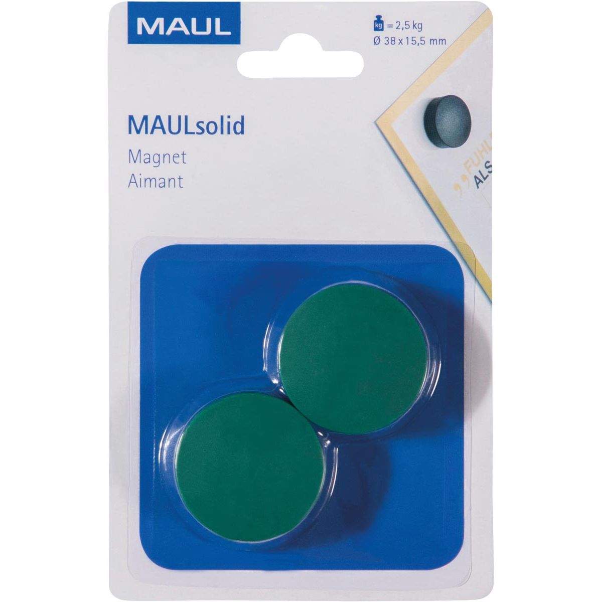 Maul -  magneet Solid, 38 mm, trekkracht 2,5 kg, blister van 2 stuks, groen