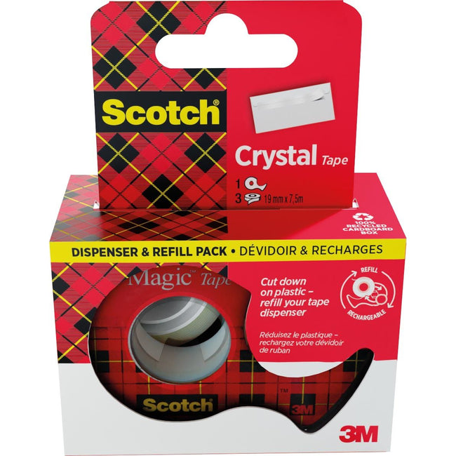 Scotch -  Crystal e plakband ft 19 mm x 7,5 m, dispenser + 3 rolletjes, ophangbaar doosje