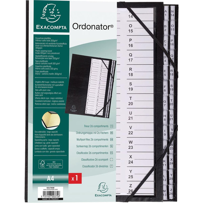 Exacompta - dossier de tri Ordonator avec couverture rigide, cavaliers alphabétiques imprimés, 26 compartiments, noir