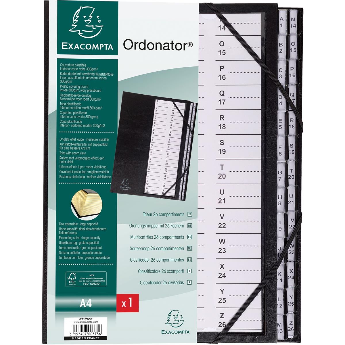 Exacompta - dossier de tri Ordonator avec couverture rigide, cavaliers alphabétiques imprimés, 26 compartiments, noir