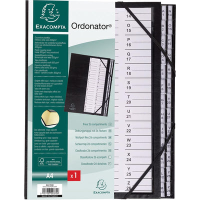Exacompta - dossier de tri Ordonator avec couverture rigide, cavaliers alphabétiques imprimés, 26 compartiments, noir