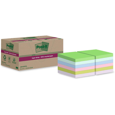 Post-it Super Sticky -  Super Sticky Notes Recycled, 70 vel, ft 47,6 x 47,6 mm, assorti, pak van 12 blokken