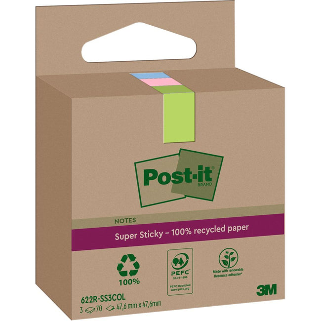 Post-it Super Sticky - Bloc mémo 622 RSS3COL 47,6x47,6mm couleurs assorties 3 pièces