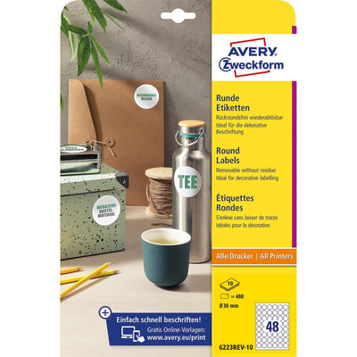 Avery Zweckform -  Zweckform ronde etiketten, diameter 30 mm, wit, afneembaar, 480 etiketten, 10 vellen