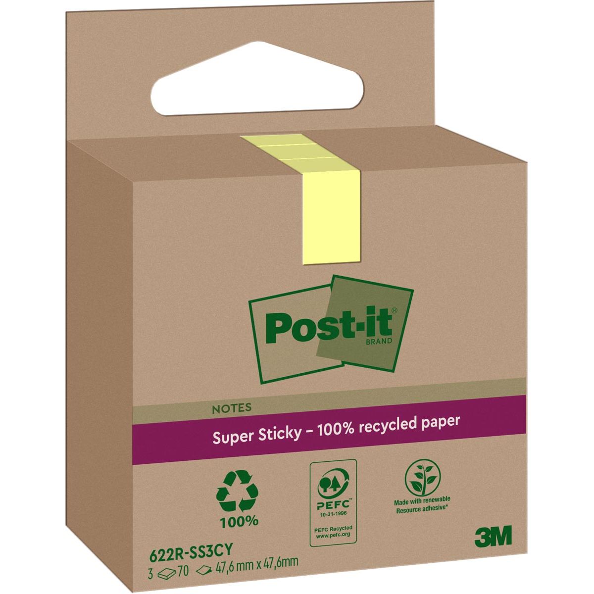 Post-it Super Sticky -  Super Sticky Notes Recycled, 70 vel, ft 47,6 x 47,6 mm, geel, pak van 3 blokken