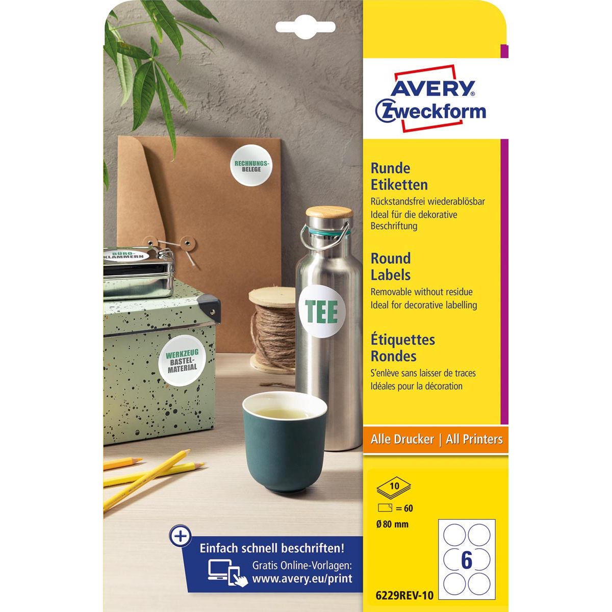 Avery Zweckform - Zweckform runde Etiketten, Durchmesser 80 mm, weiß, ablösbar, 60 Etiketten, 10 Blatt