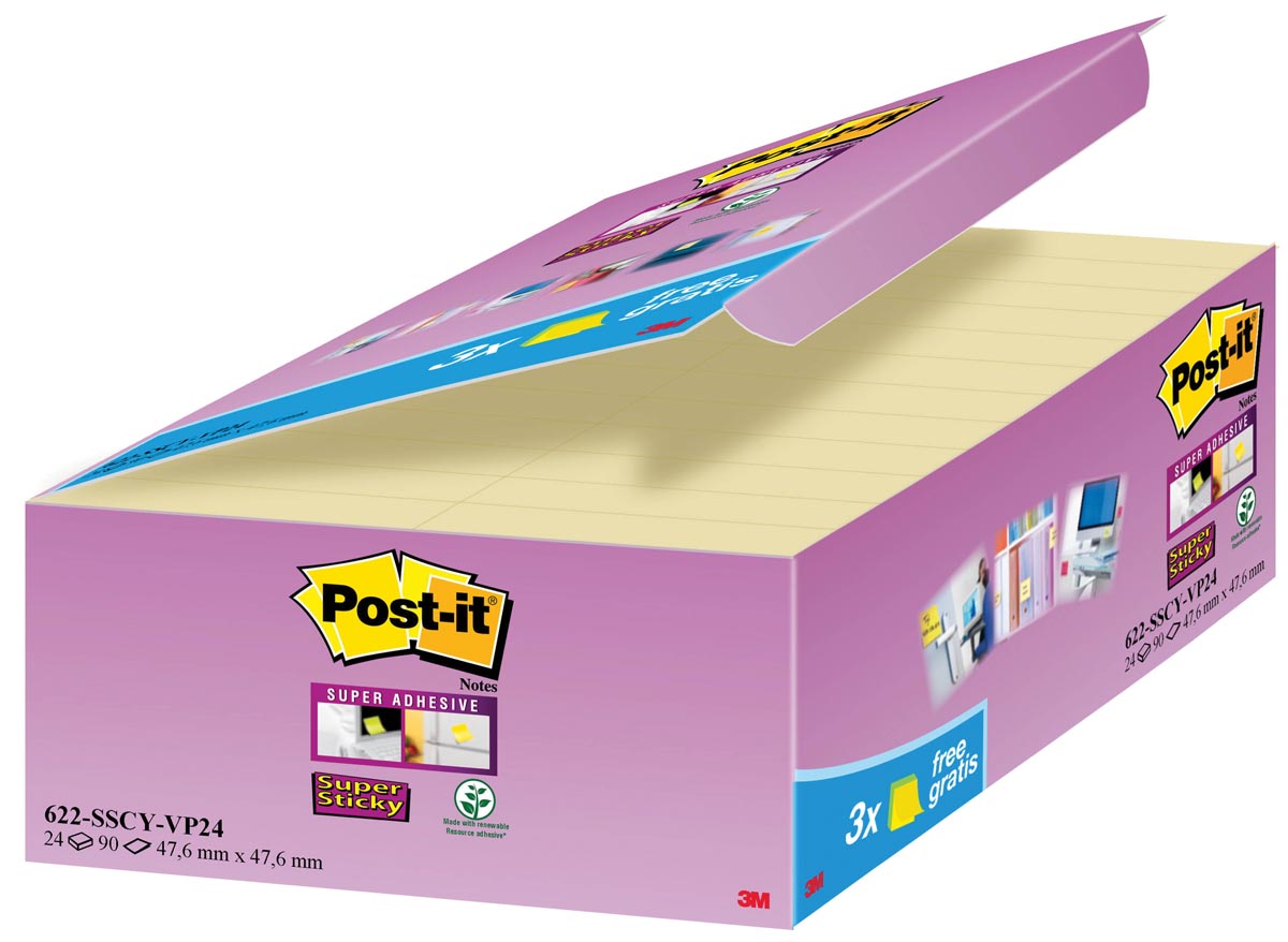 Post-it - Super Sticky notes, 90 vel, ft 47,6 x 47,6 mm, geel, pak van 21 + 3 GRATIS