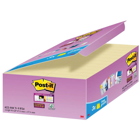 Post-it – Super-Haftnotizen, 90 Blatt, 47,6 x 47,6 mm, gelb, Packung mit 21 Stück + 3 GRATIS