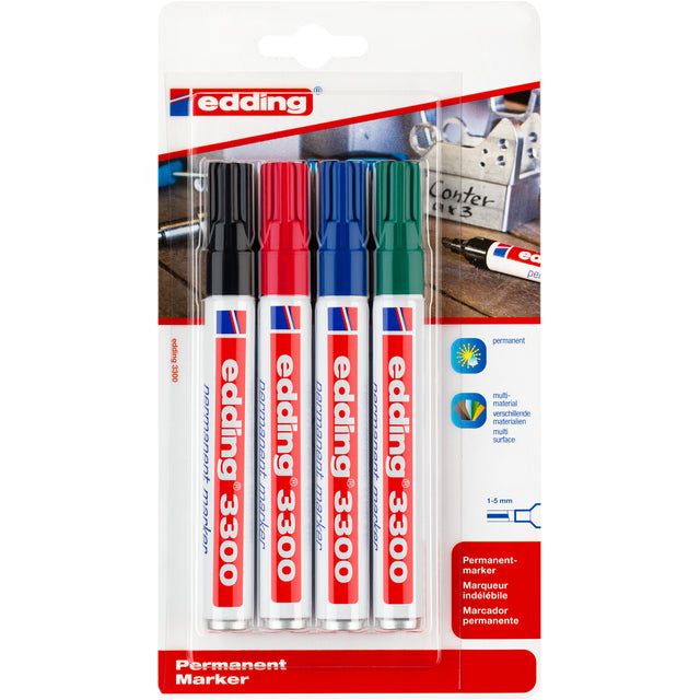 Edding - Permanent marker e-3300 blister van 4 stuks in geassorteerde kleuren