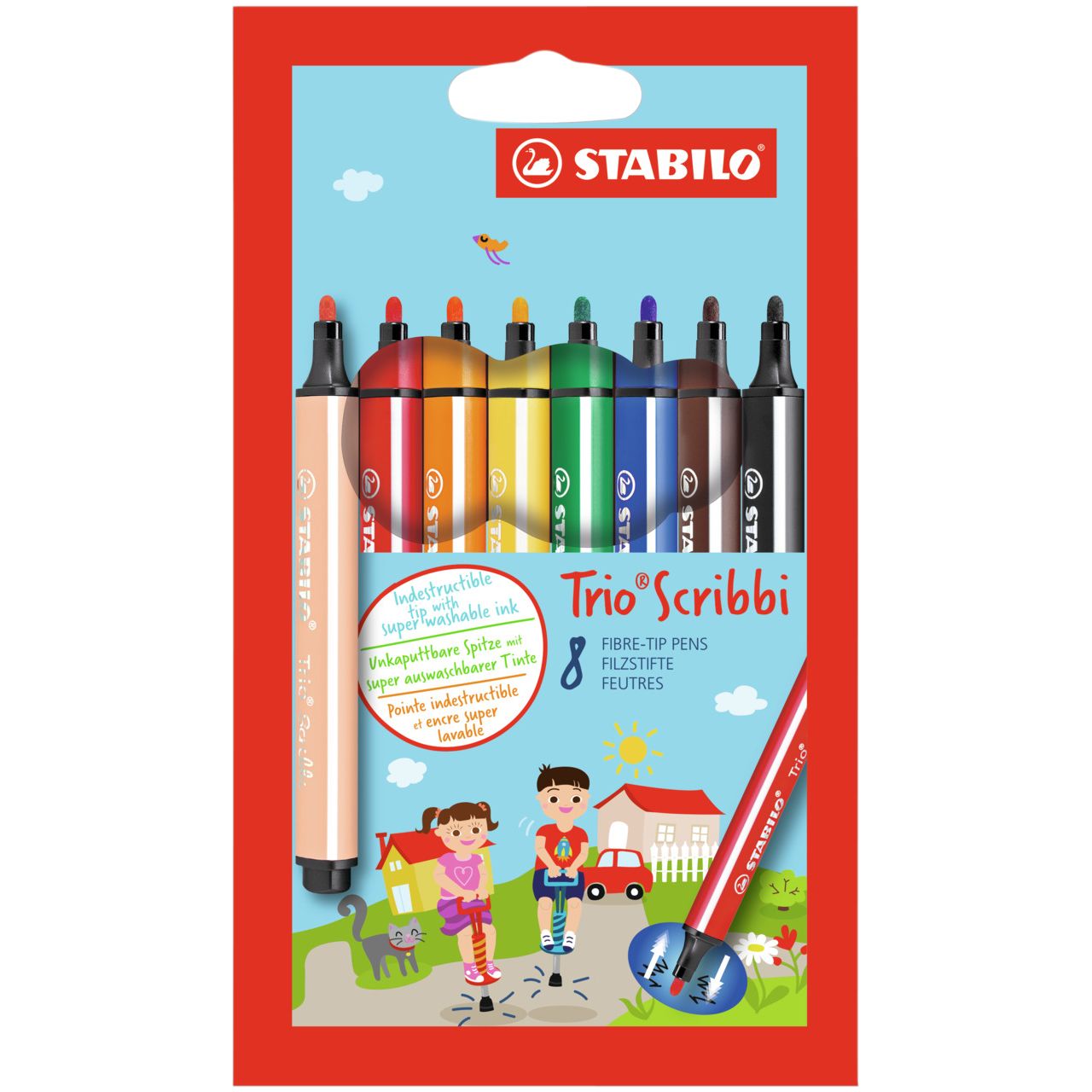 Stabilo -  Trio Scribbi, driekantige viltstift met meeverende punt, etui met 8 kleuren