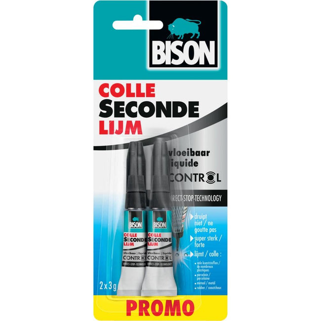 Bison -   secondelijm Control Vloeibaar, tube van 3 g, promo blister van 2 stuks