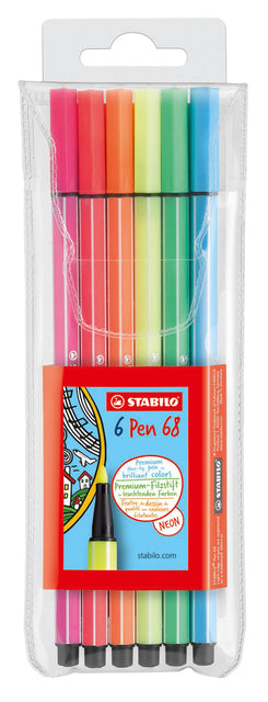 STABILO - Pen 68 Neon, etui van 6 stiften in geassorteerde kleuren