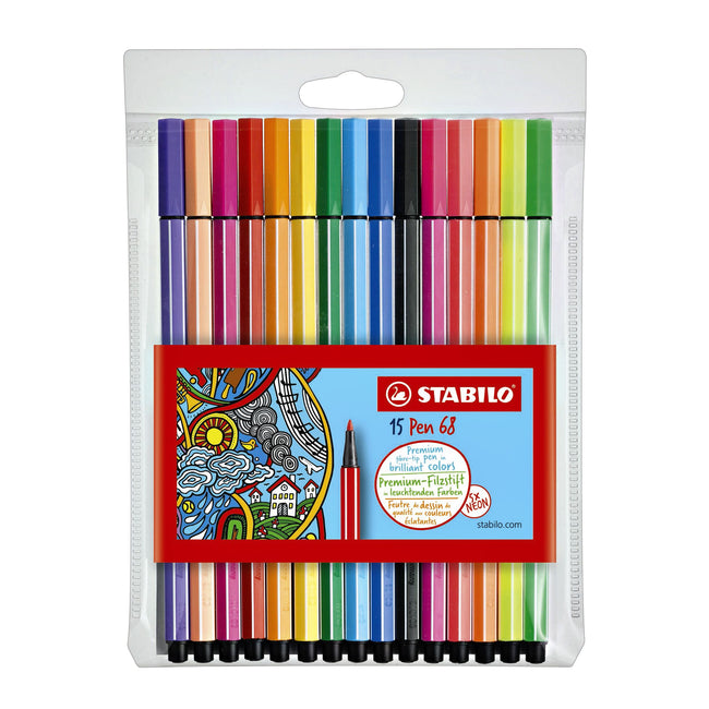 Stabilo - Feutre 68/15 moyen étui assorti de 10+5 couleurs fluo | 10 pièces