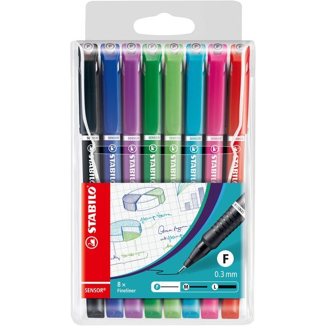 Stabilo -  SENSOR, Fineliner, Fijn 0.3 mm, Met Meeverende Schrijfpunt, Etui Met 8 Kleuren