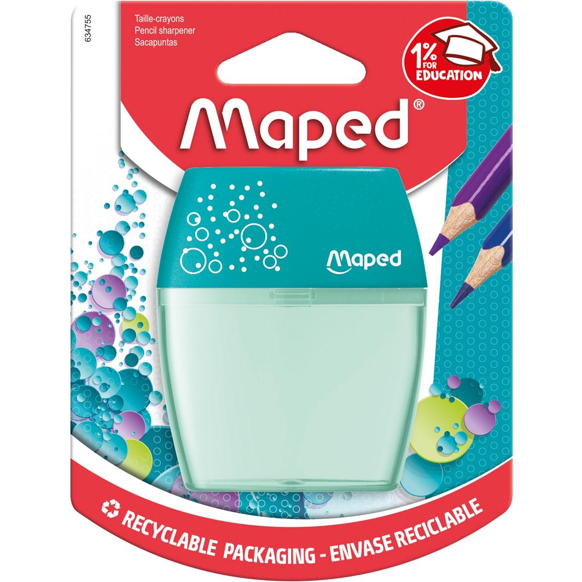 Maped -  potloodslijper Shaker, 2 gaats, geassorteerde kleuren, blister van 1 stuk