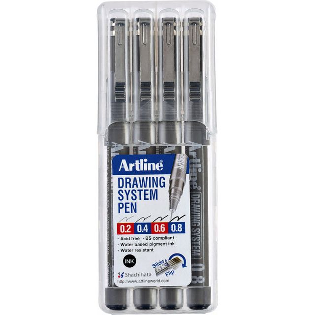 Artline - Fineliner Drawing System etui van 4 stuks: 0,2 - 0,4 - 0,6 en 0,8 mm