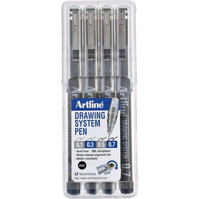 Artline - Fineliner Drawing System etui van 4 stuks: 0,1 - 0,3 - 0,5 en 0,7 mm