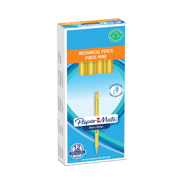 Paper Mate - Porte-mine non stop 0,7mm HB avec clip et gomme jaune | 12 pièces