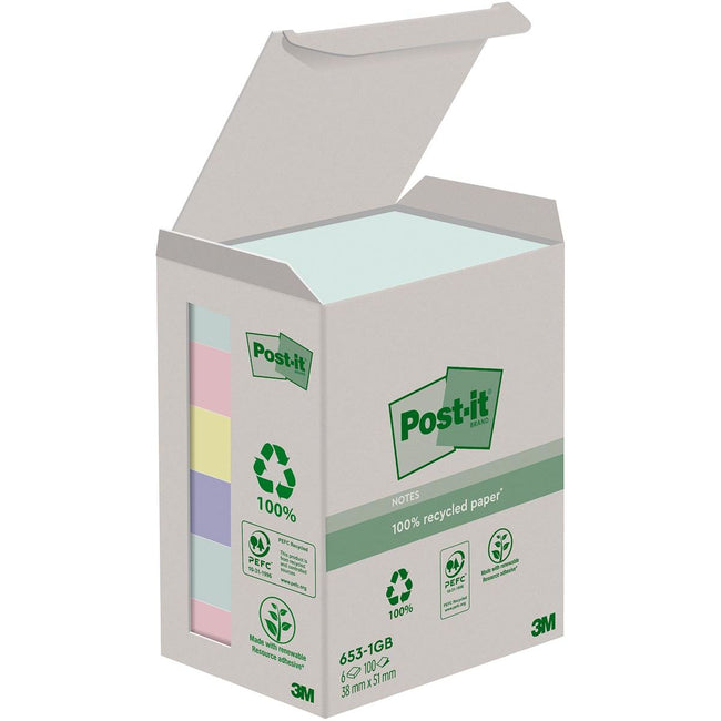 Post -it - Notes recyclé Nature, 100 feuilles, FT 38 x 51 mm, paquet de 6 blocs, couleurs assorties