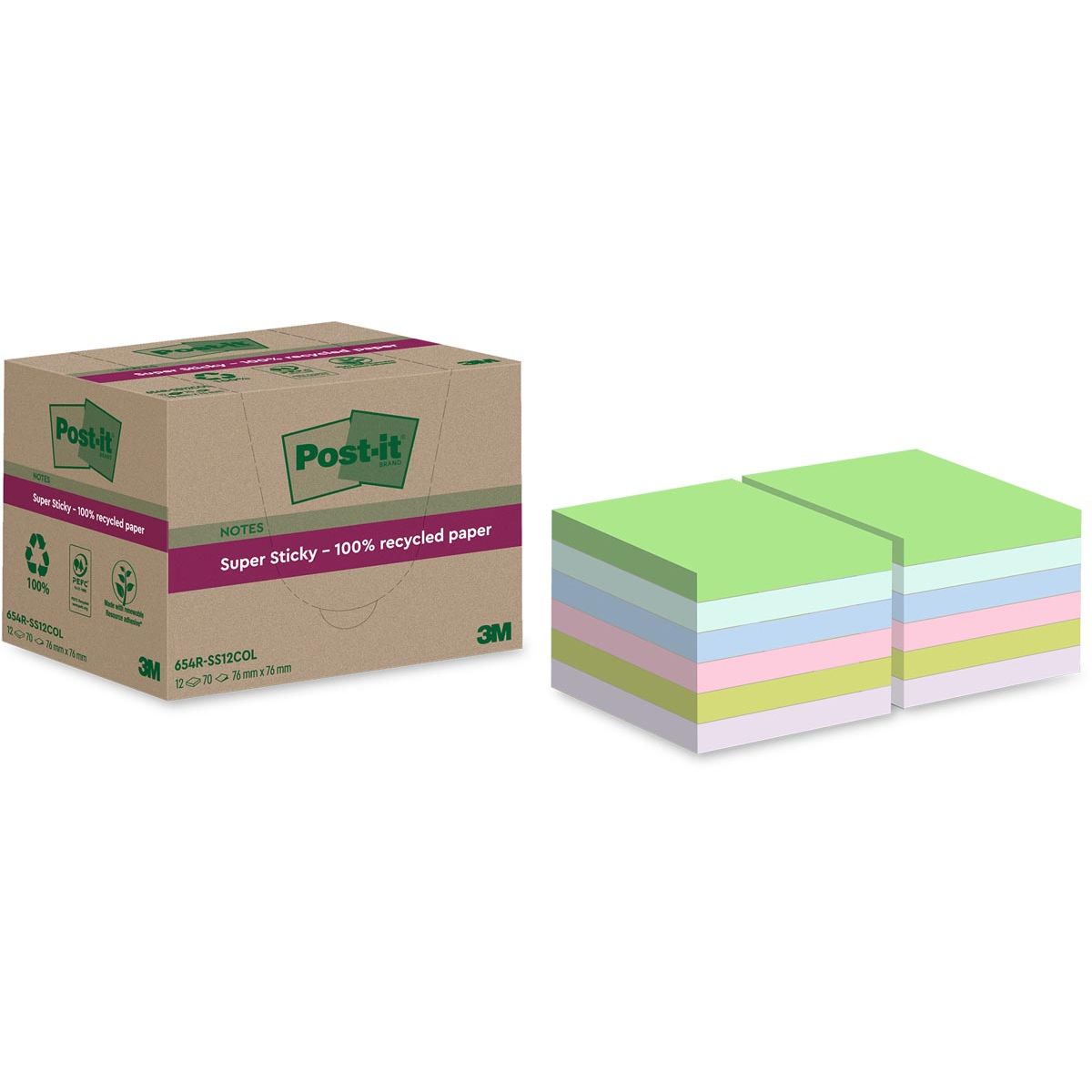 Post-it Super Sticky -  Super Sticky Notes Recycled, 70 vel, ft 76 x 76 mm, assorti, pak van 12 blokken