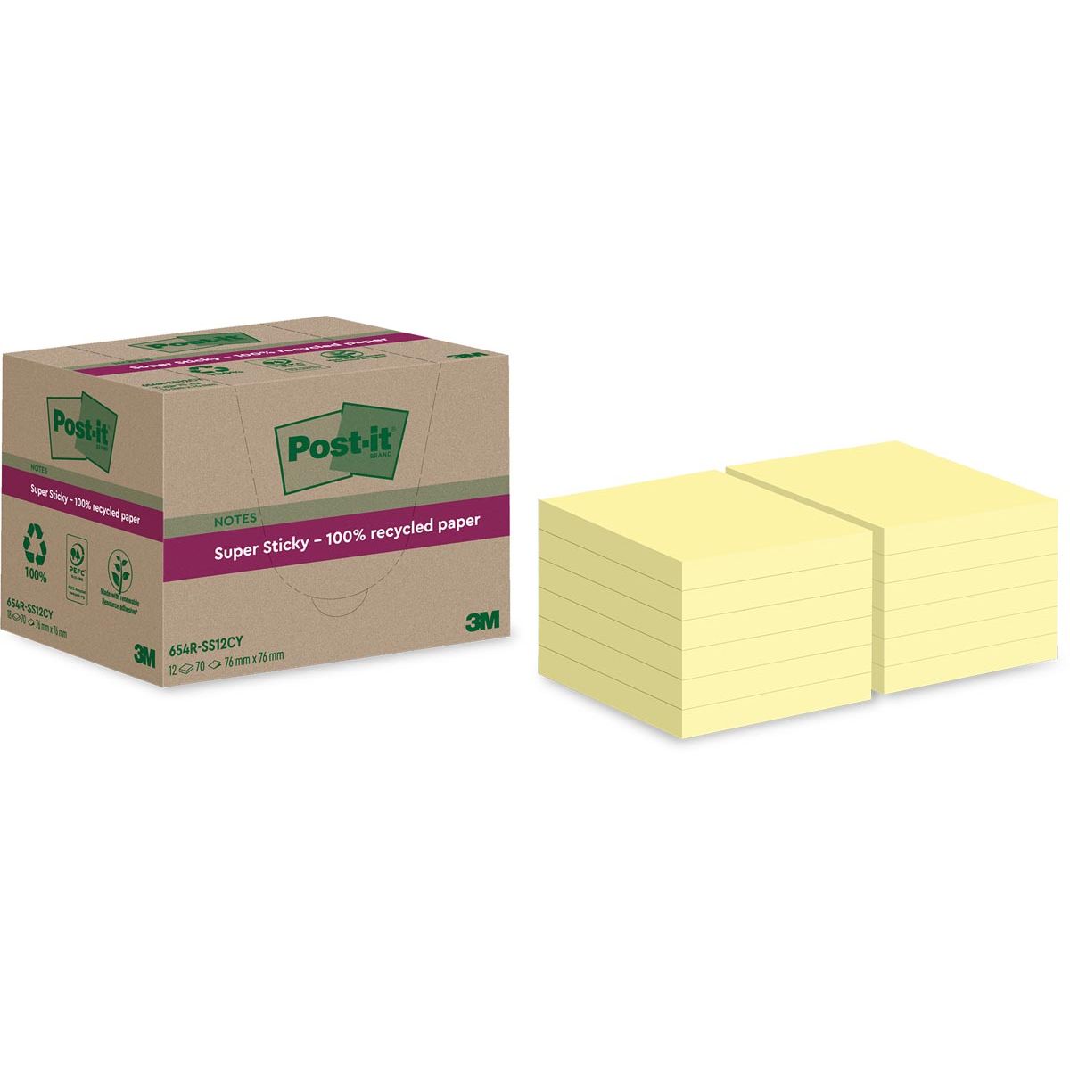 Post-it Super Sticky -  Super Sticky Notes Recycled, 70 vel, ft 76 x 76 mm, geel, pak van 12 blokken