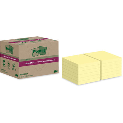 Post-it Super Sticky -  Super Sticky Notes Recycled, 70 vel, ft 76 x 76 mm, geel, pak van 12 blokken