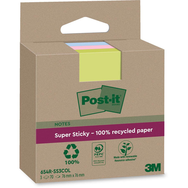 Post-it Super Sticky -  Super Sticky Notes Recycled, 70 vel, ft 76 x 76 mm, assorti, pak van 3 blokken