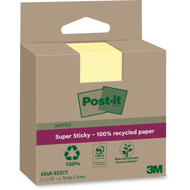 Post-it – Super Sticky Notes Recycling, 70 Blatt, 76 x 76 mm, gelb, Packung mit 3 Blöcken