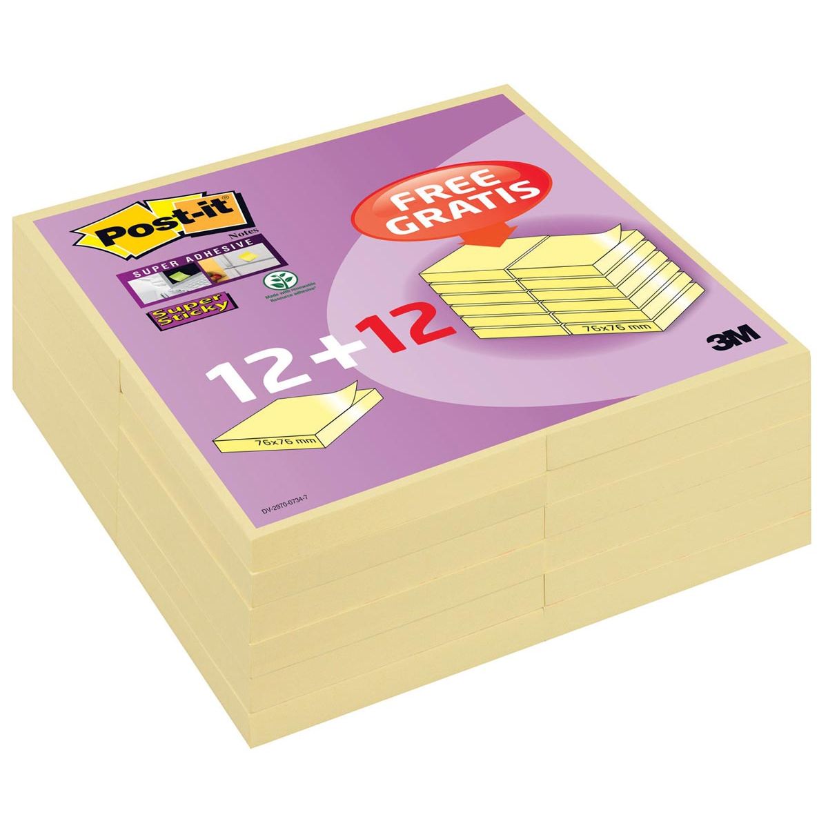 Post-it Super Sticky -  super Sticky notes, 90 vel, ft 76 x 76 mm, geel, pak van 12 blokken + 12 gratis