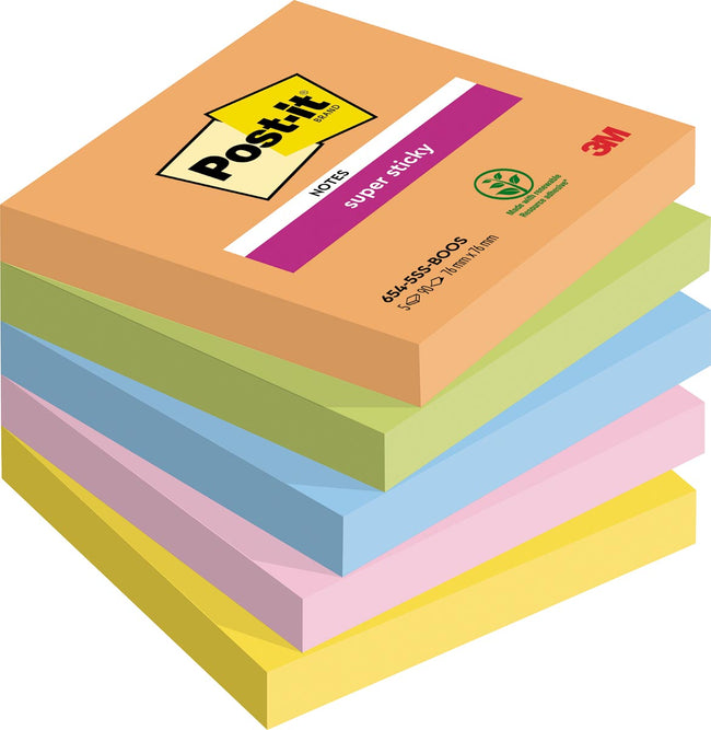 Post -it - Super Sticky Notes Boost, 90 Blatt, ft 76 x 76 mm, verschiedene Farben, Packung mit 5 Blöcken