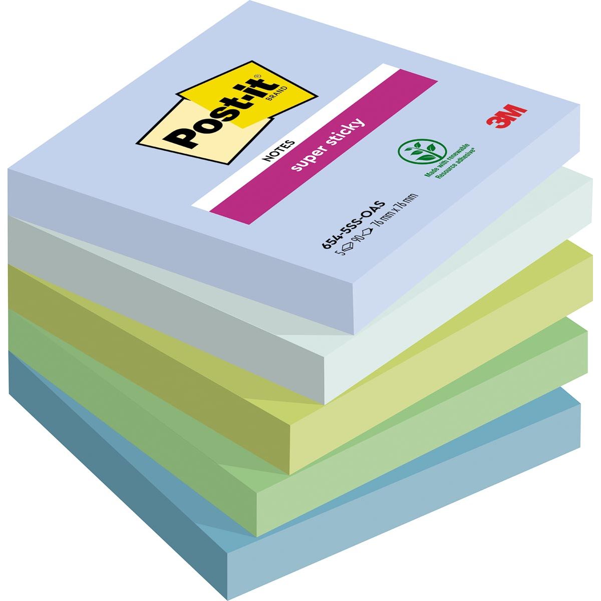 Post-it - Bloc-notes 654 Super Sticky 76x76mm Oasis 5 pièces