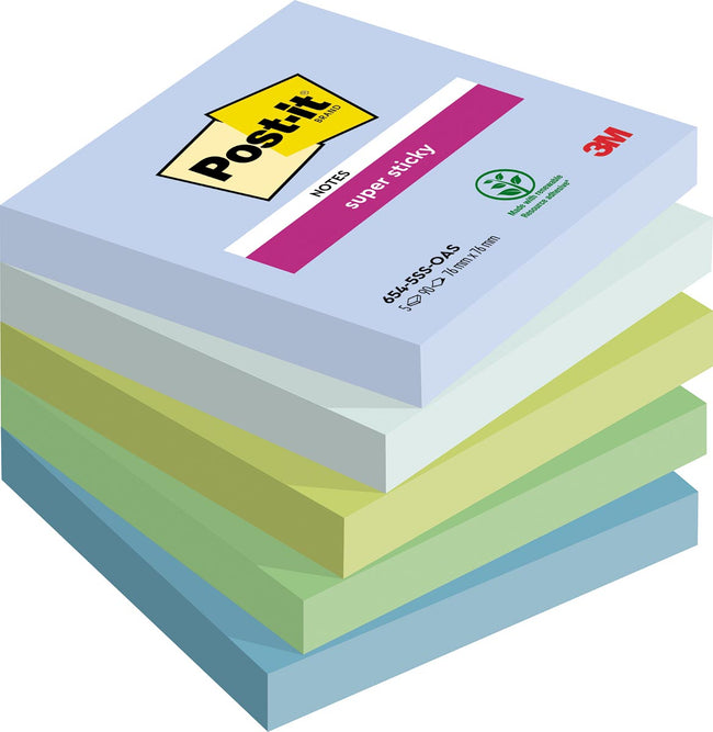 Post -it - Super Sticky Notes Oase, 90 Blatt, Ft 76 x 76 mm, verschiedene Farben, 5 Blöcke Anzug