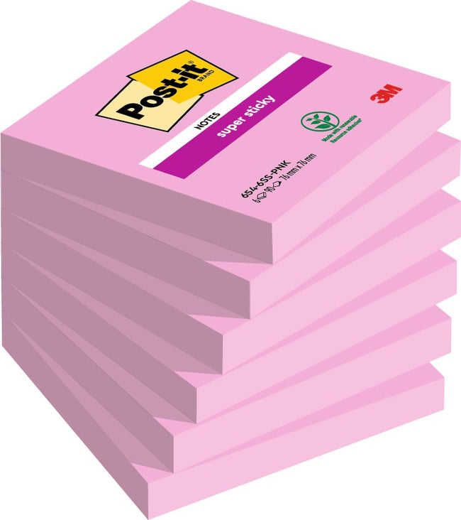 Post-it - Bloc-notes 654 Super Sticky 76x76mm rose 90 feuilles
