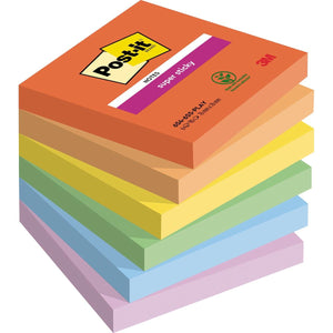 Post-it Super Sticky -  Super Sticky Notes Playful, 90 vel, ft 76 x 76 mm, geassorteerde kleuren, pak van 6 blokken