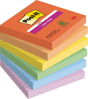Post-it Super Sticky -  Super Sticky Notes Playful, 90 vel, ft 76 x 76 mm, geassorteerde kleuren, pak van 6 blokken