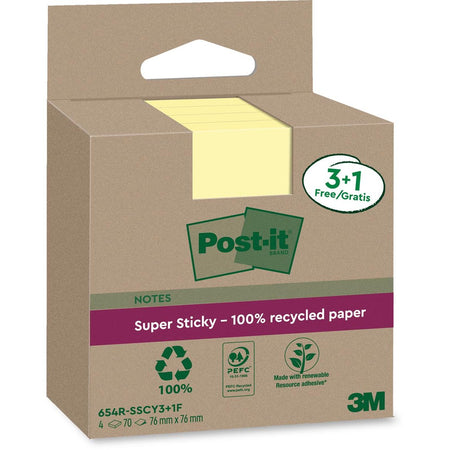 Post-it Super Sticky -  Super Sticky Notes Recycled, 70 vel, ft 76 x 76 mm, geel, 3 + 1 GRATIS
