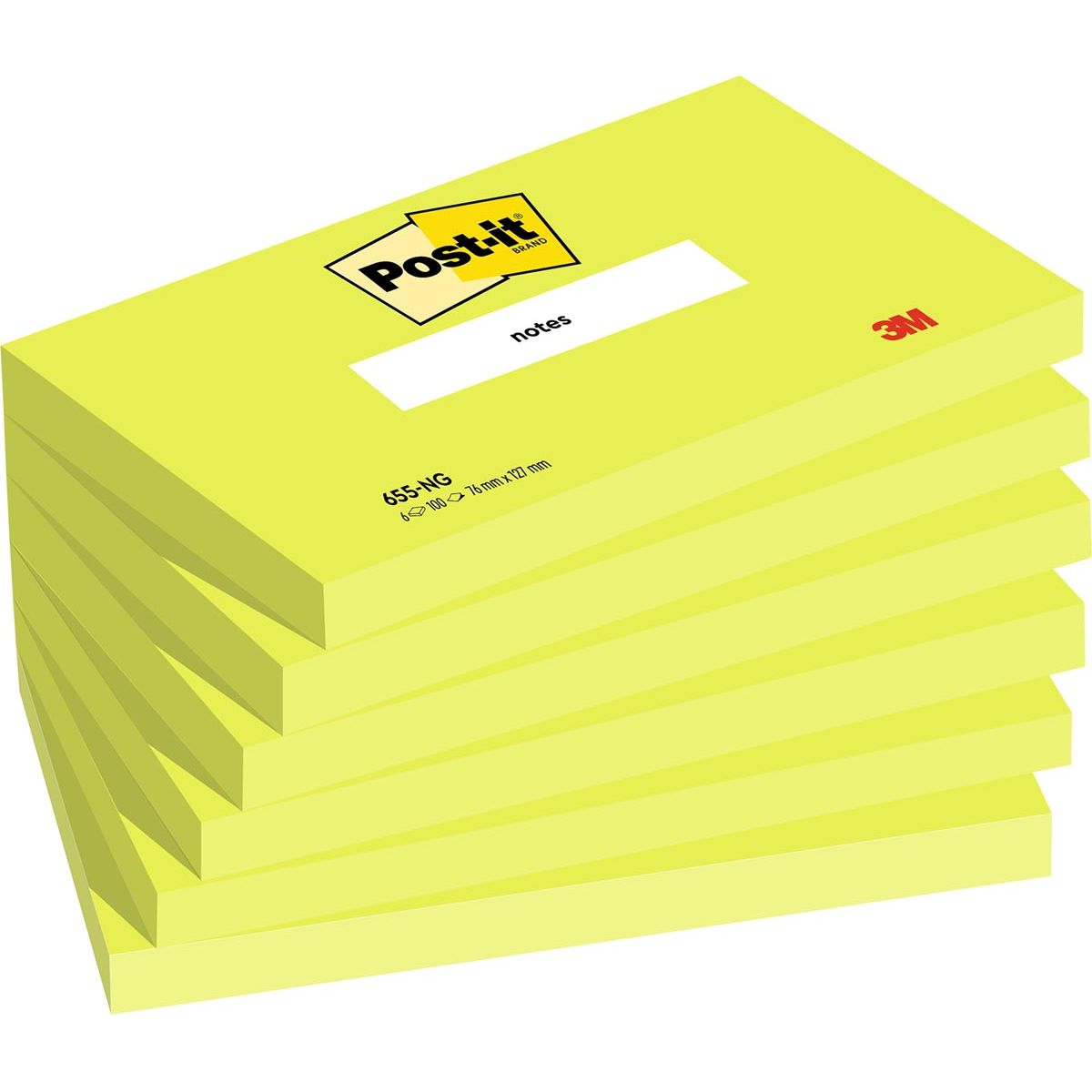 Post-it – Notizzettel, 100 Blatt, 76 x 127 mm, neongrün, Packung mit 6 Blöcken