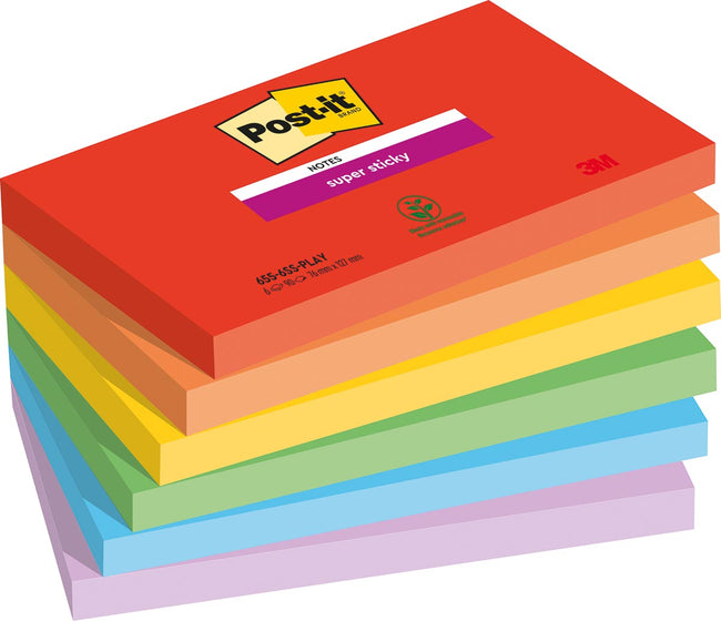 Post -it - Super -Sticky -Noten verspielt, 90 Blatt, Ft 76 x 127 mm, verschiedene Farben, Packung mit 6 Blöcken